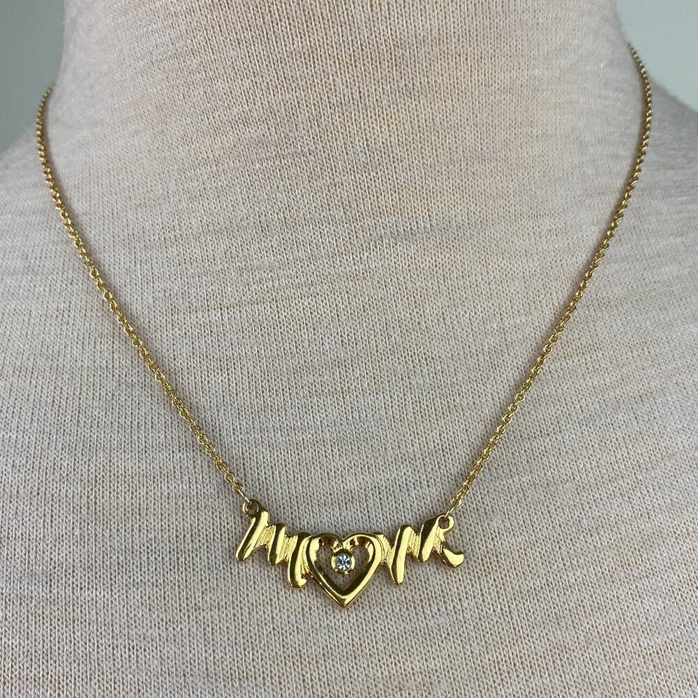 Vintage Avon Mom Script w/ Rhinestone Gold Tone Necklace 18.5"